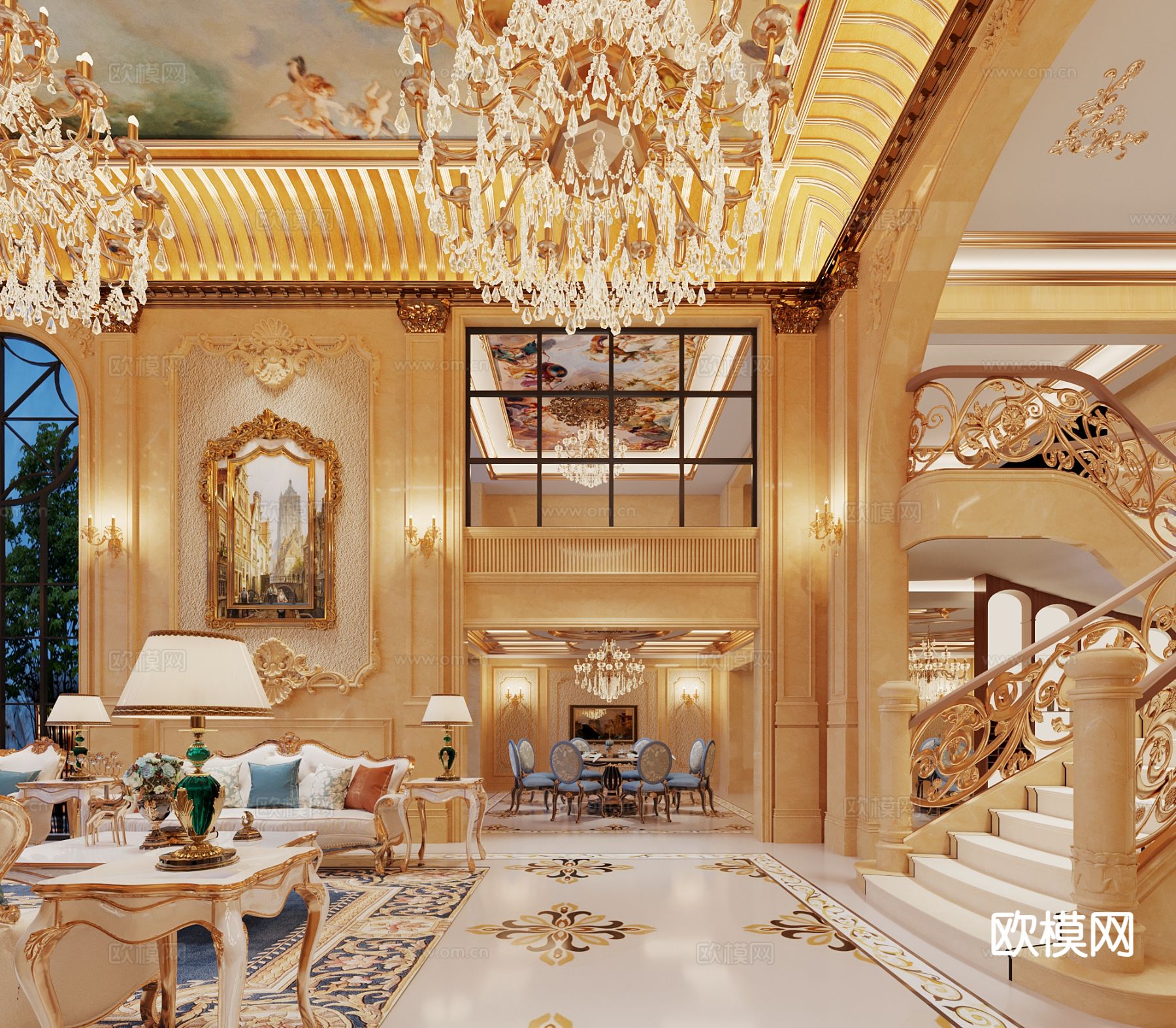 欧式古典客厅 别墅大堂3d模型下载（渲染图2）
