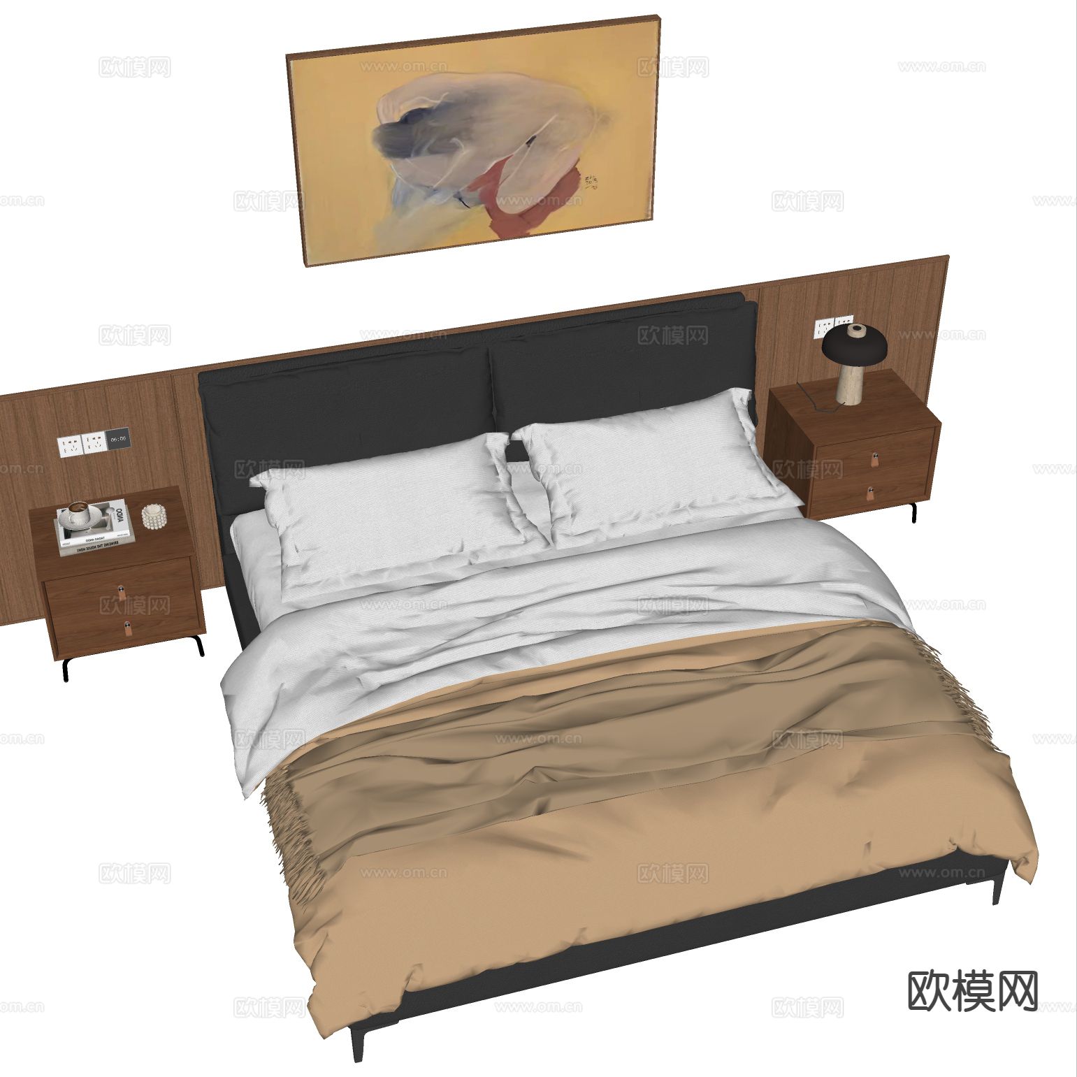 中古风双人床su模型下载（渲染图1）