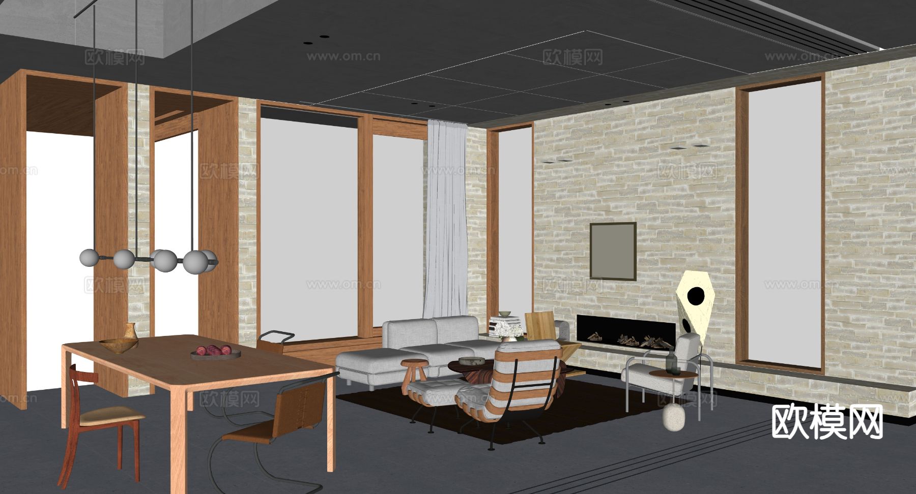 原木风客厅su模型下载（渲染图1）