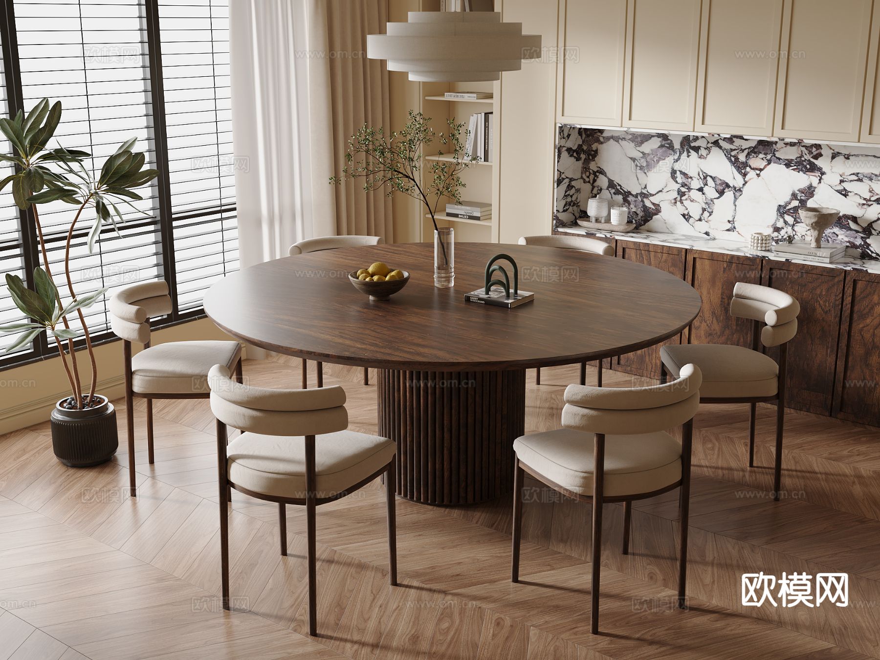 侘寂圆桌 餐桌椅su模型