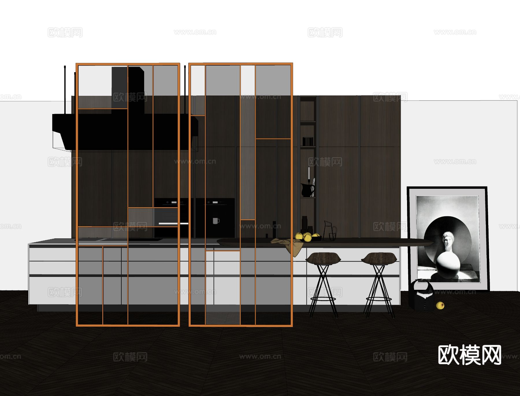 中岛橱柜 吧台 吧椅su模型下载（渲染图1）