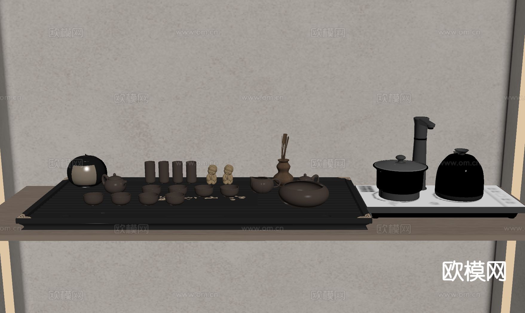 中式茶具 茶壶 茶杯 烧水壶su模型下载（渲染图1）