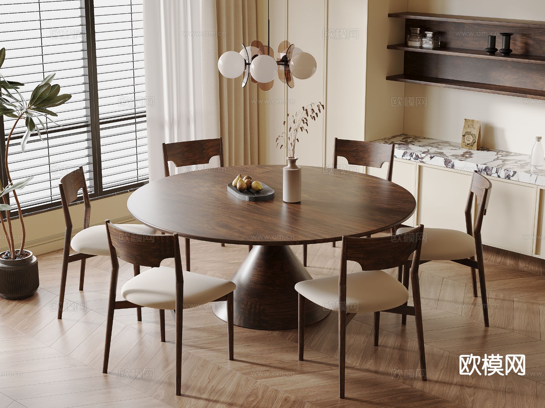中古风圆餐桌 餐桌椅su模型