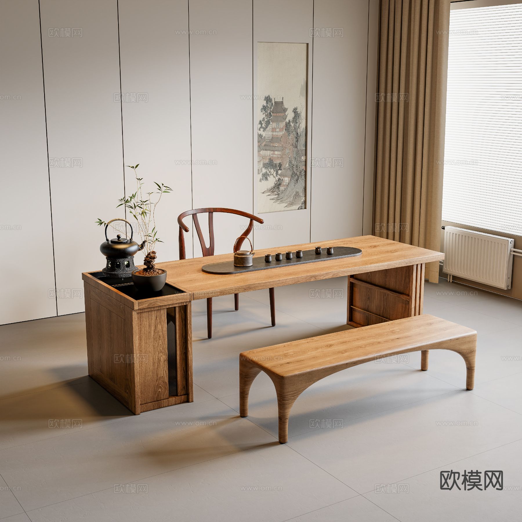 新中式茶台 茶桌椅su模型下载（渲染图2）