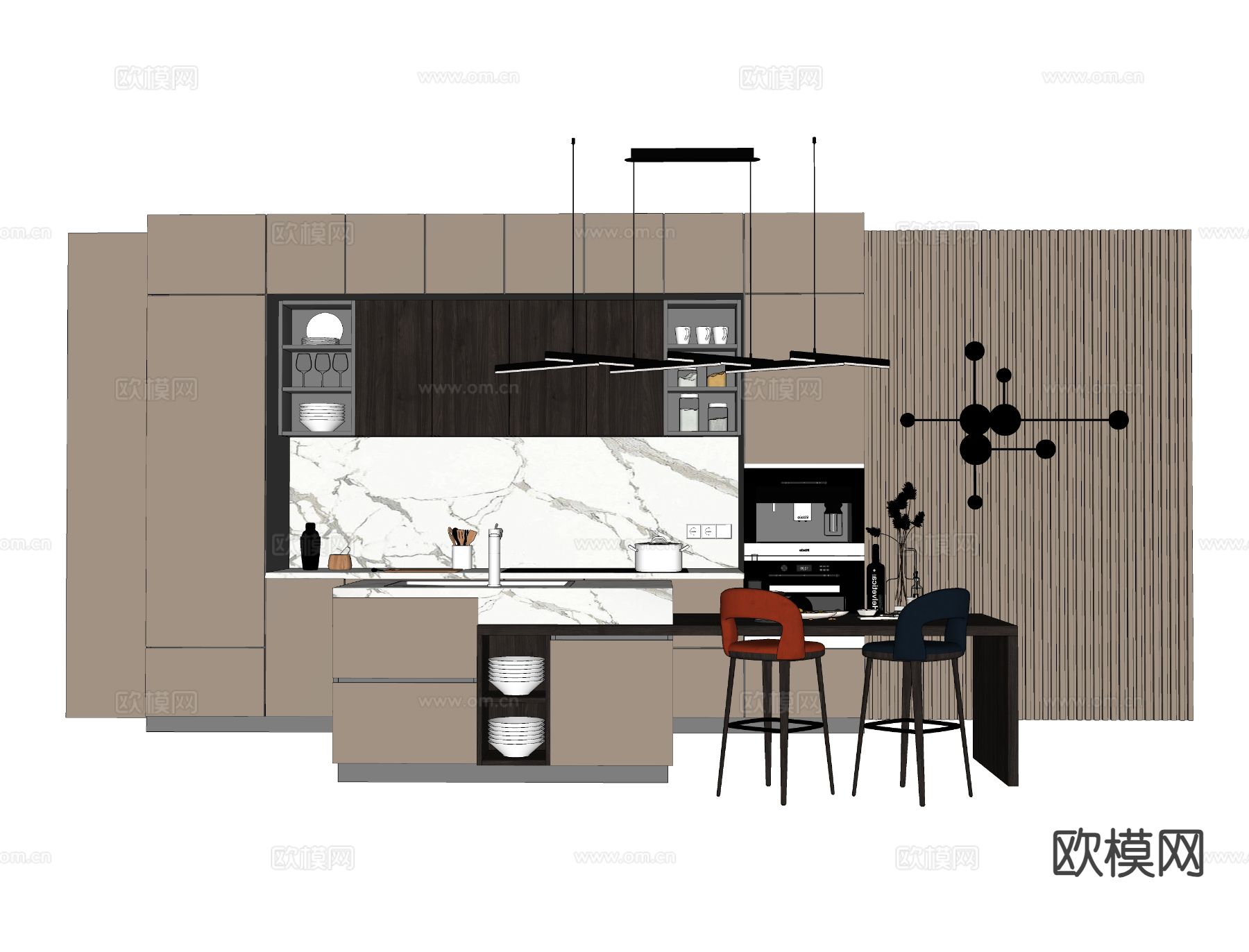 中岛橱柜 吧台 吧椅su模型下载（渲染图1）