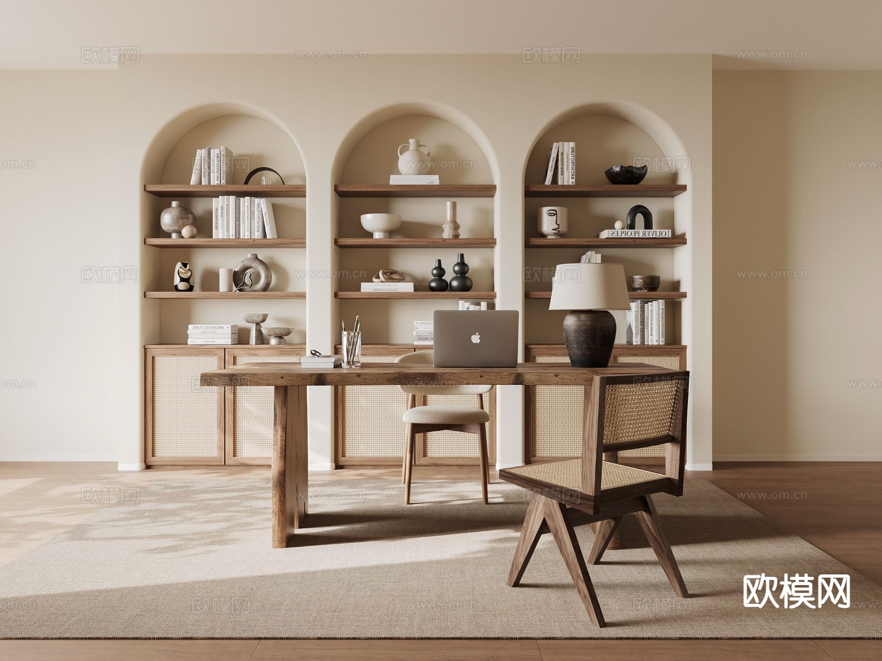侘寂书桌椅 书柜su模型下载（渲染图2）