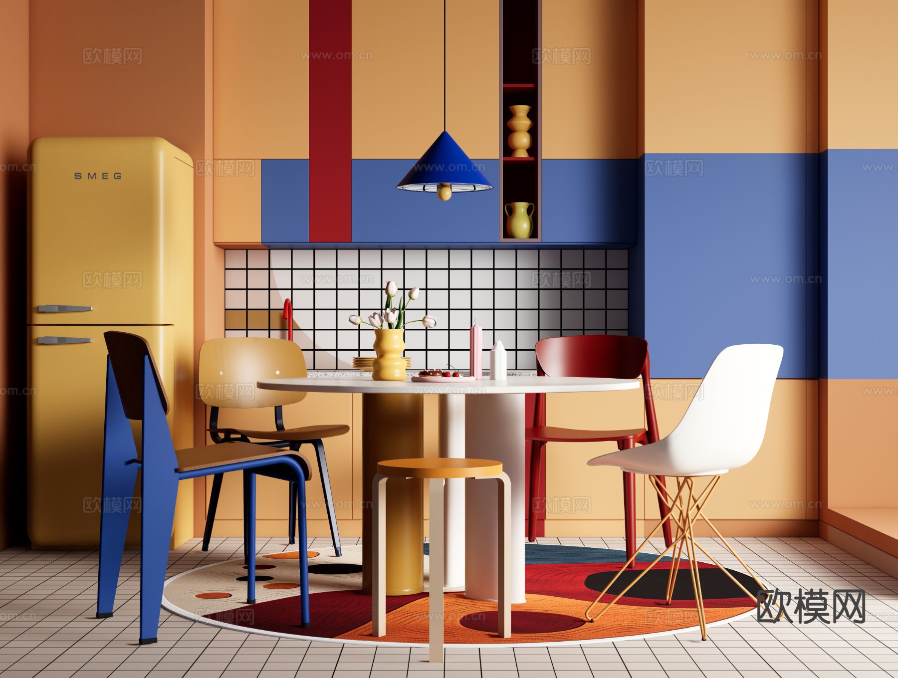 孟菲斯餐桌椅 圆餐桌su模型下载（渲染图2）