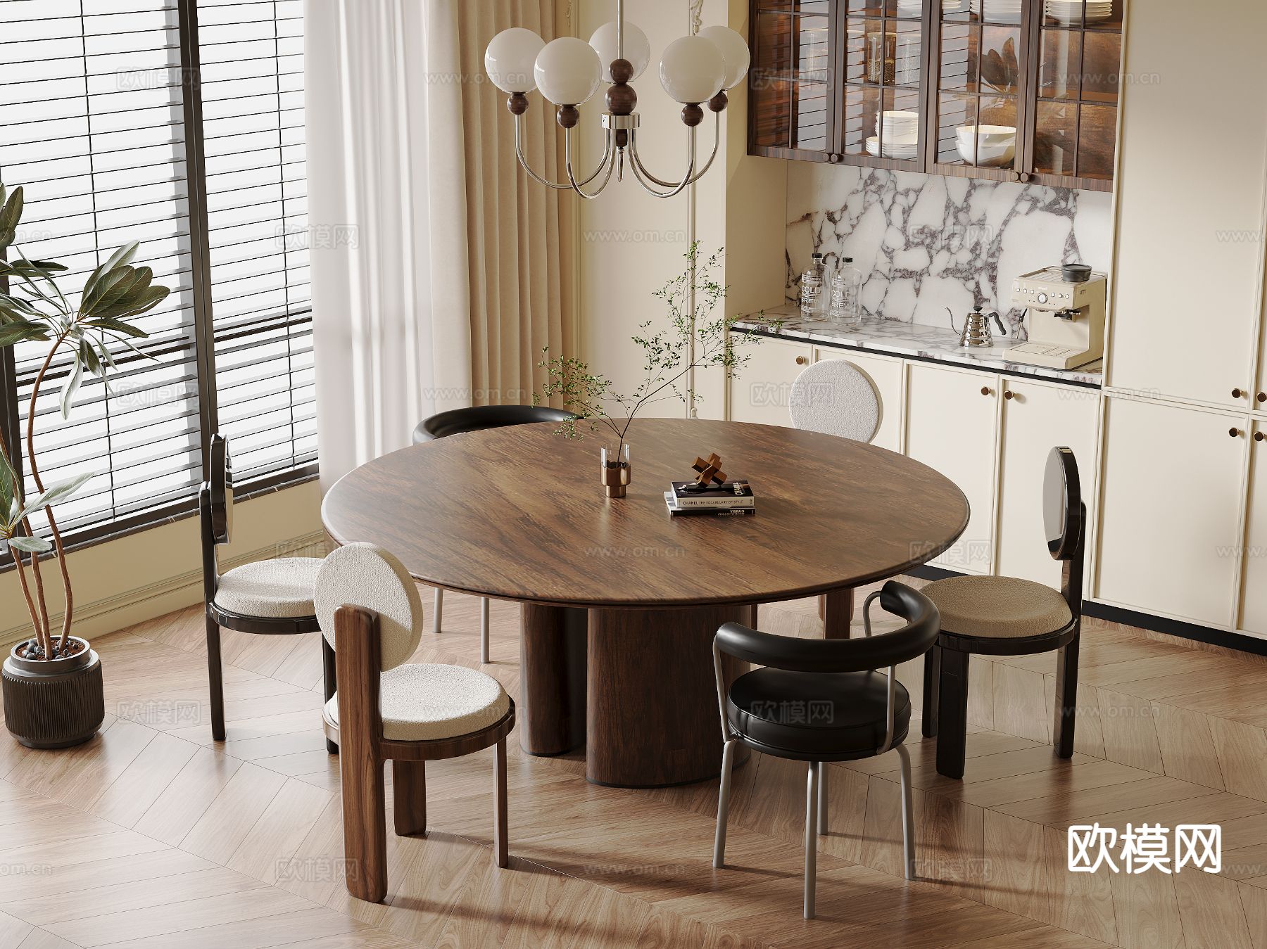 中古风圆餐桌 餐桌椅su模型