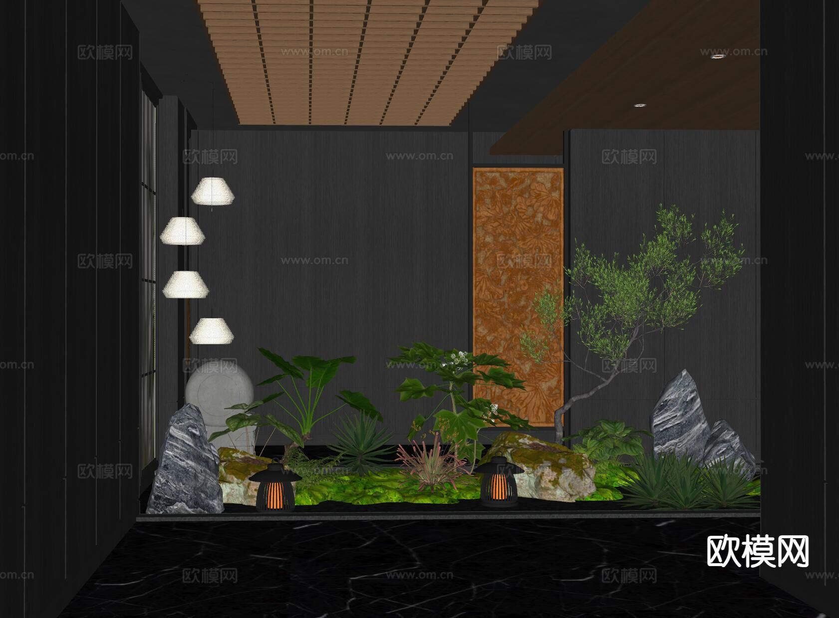 新中式景观过道 走廊su模型下载（渲染图1）