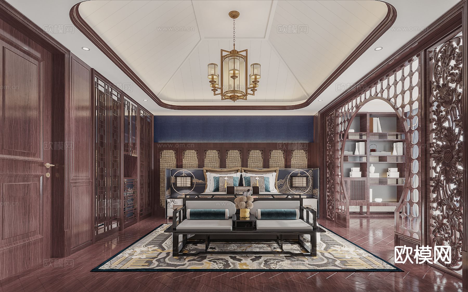 中式卧室 主卧3d模型下载（渲染图1）