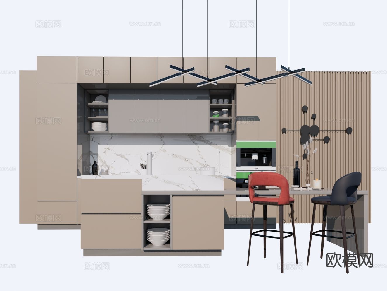 中岛橱柜 吧台 吧椅su模型下载（渲染图2）