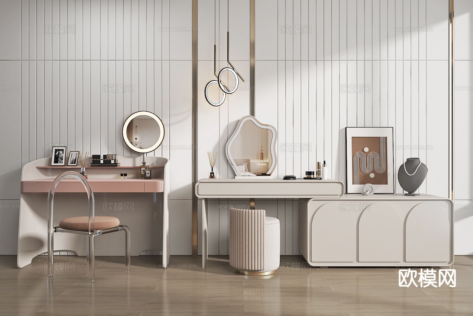 奶油风梳妆台su模型下载（渲染图2）