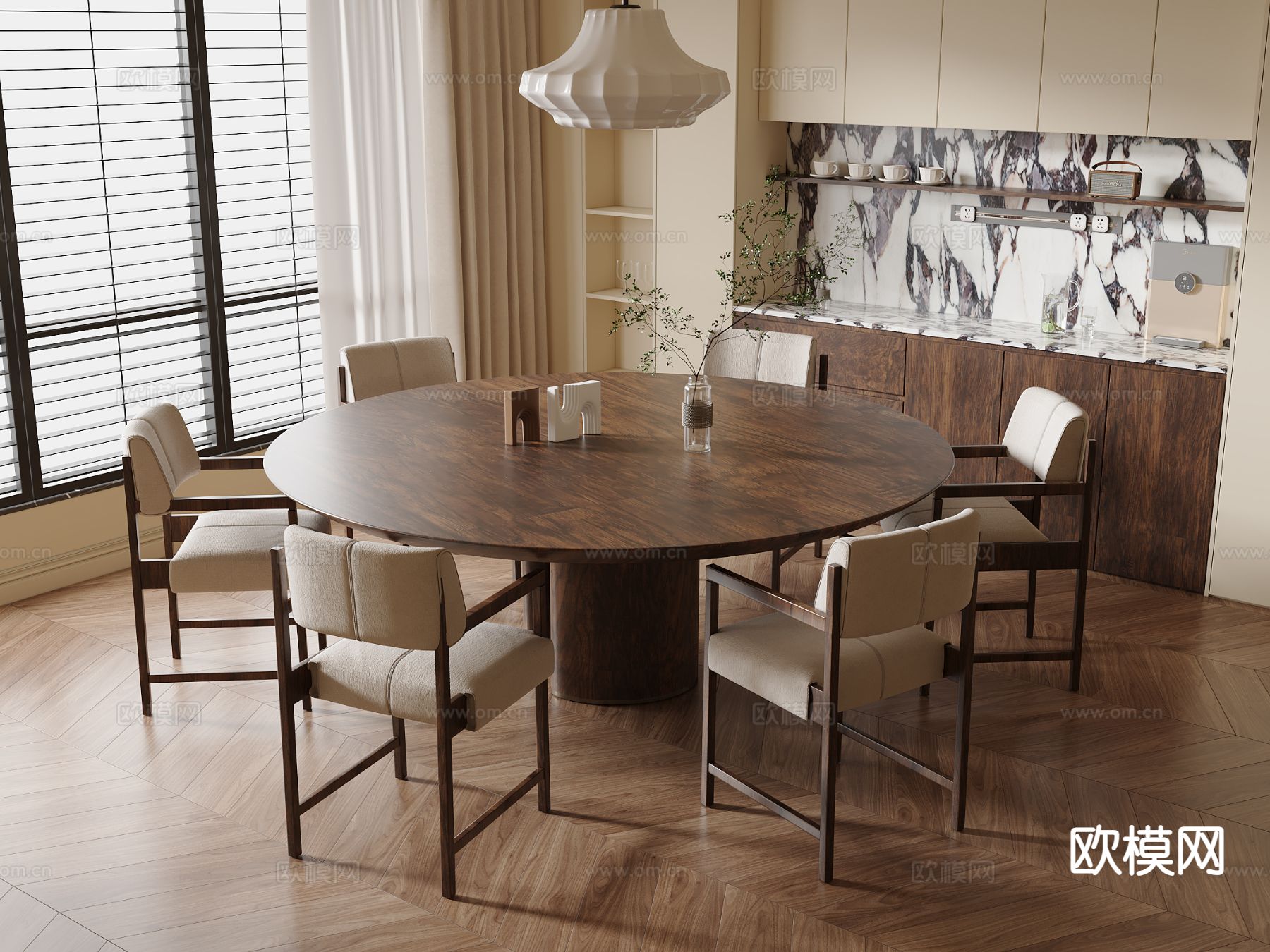中古风圆桌 餐桌椅su模型