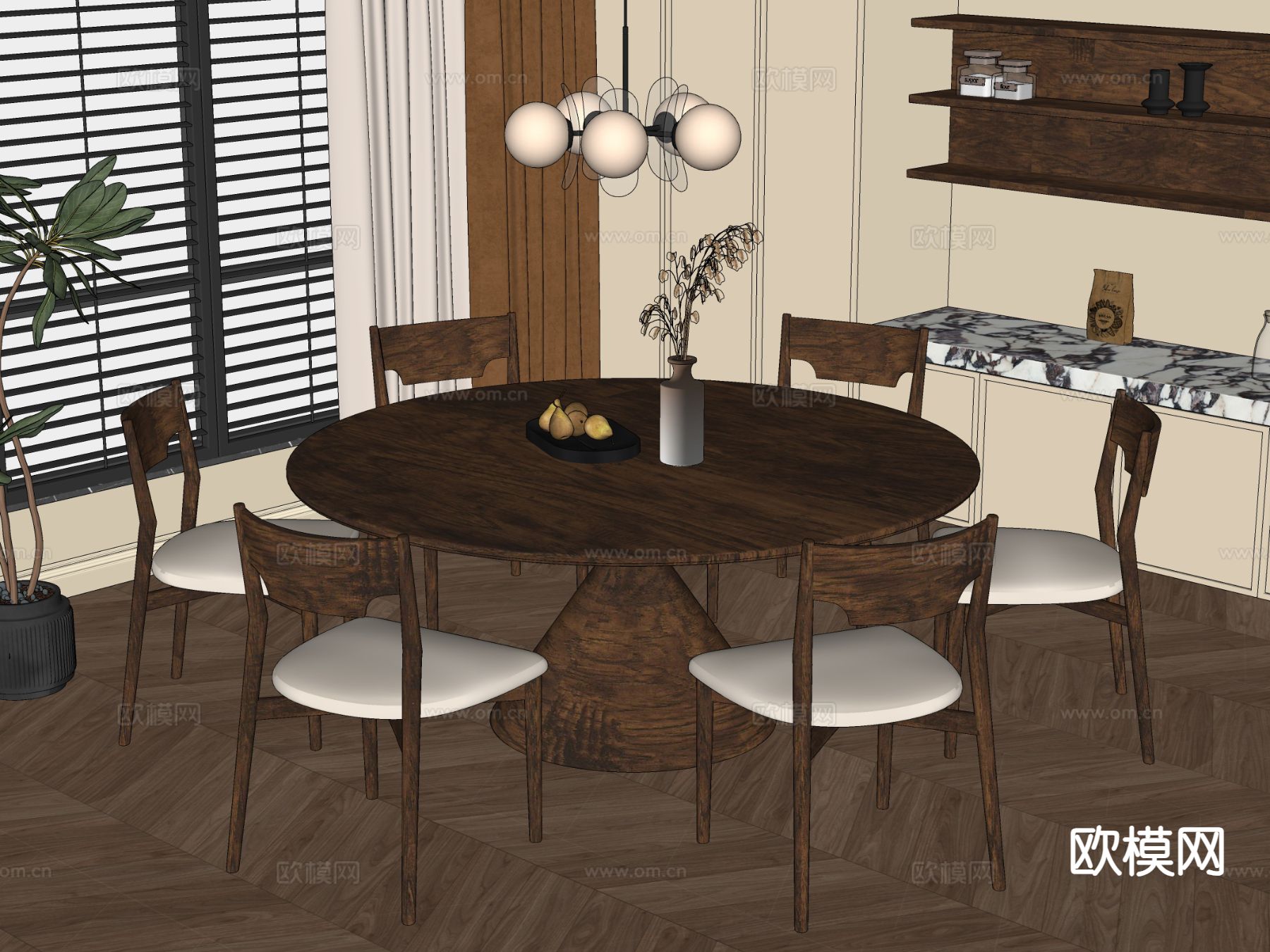中古风圆餐桌 餐桌椅su模型
