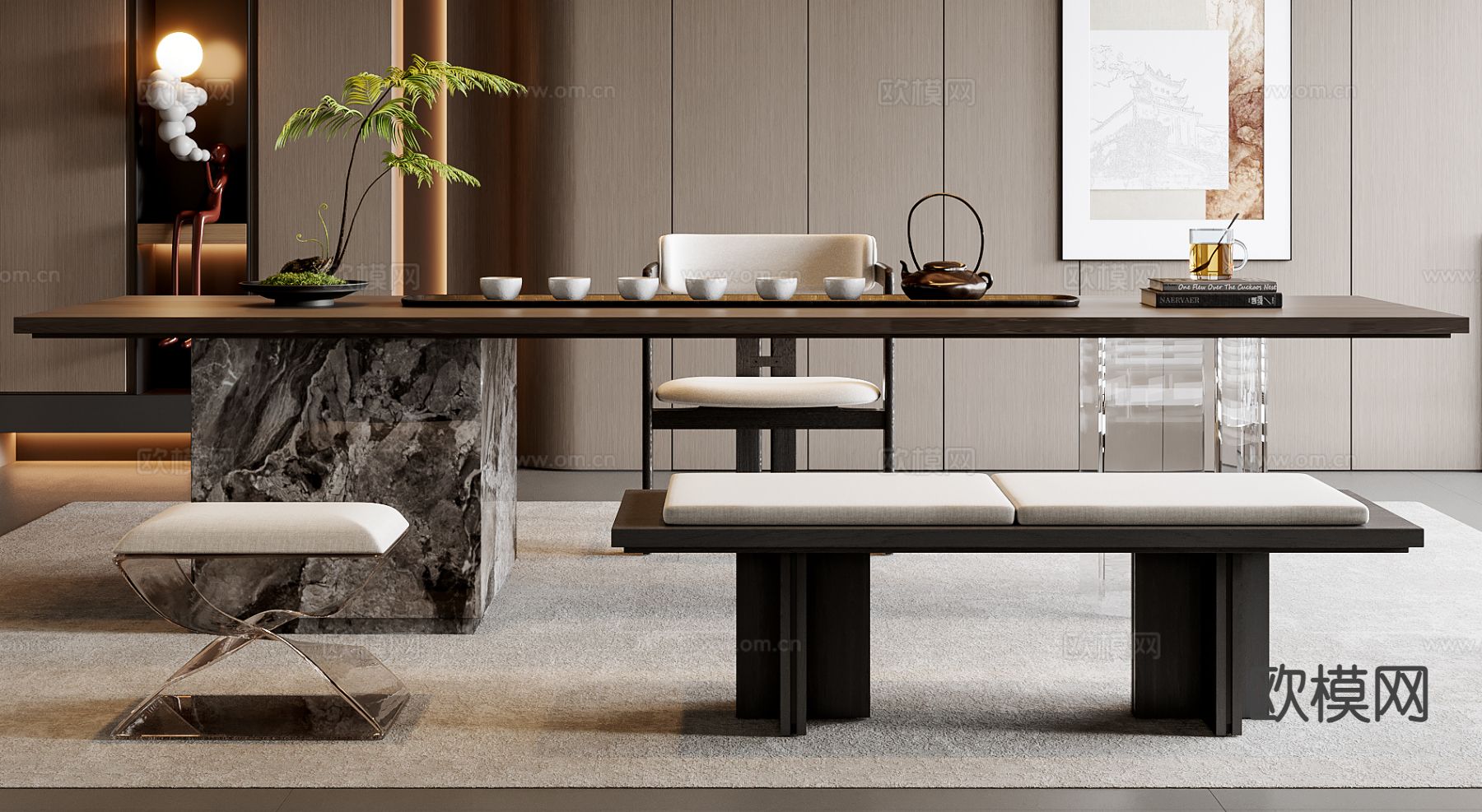 新中式茶桌 茶台3d模型下载