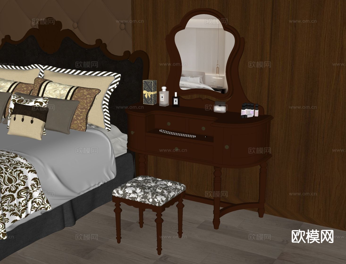 美式梳妆台su模型下载（渲染图1）