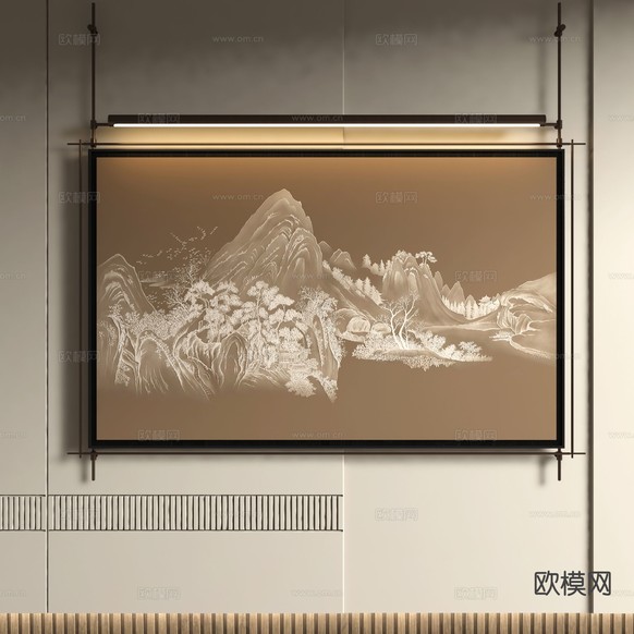 新中式山水画 金属杆吊画3d模型下载