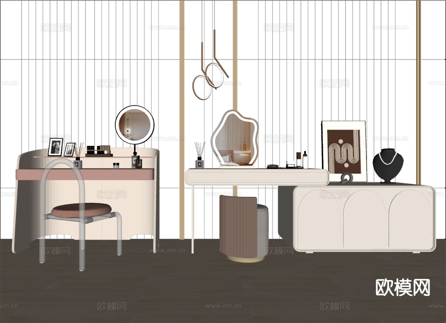 奶油风梳妆台su模型下载（渲染图1）