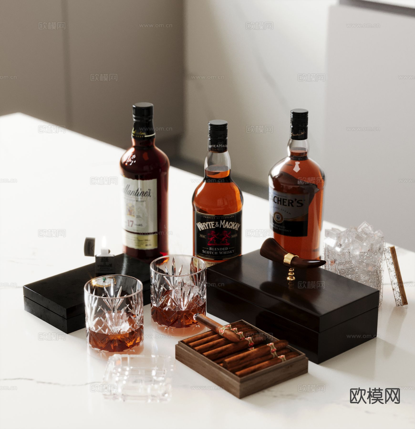 洋酒 酒水 酒杯 酒瓶 雪茄su模型下载（渲染图2）