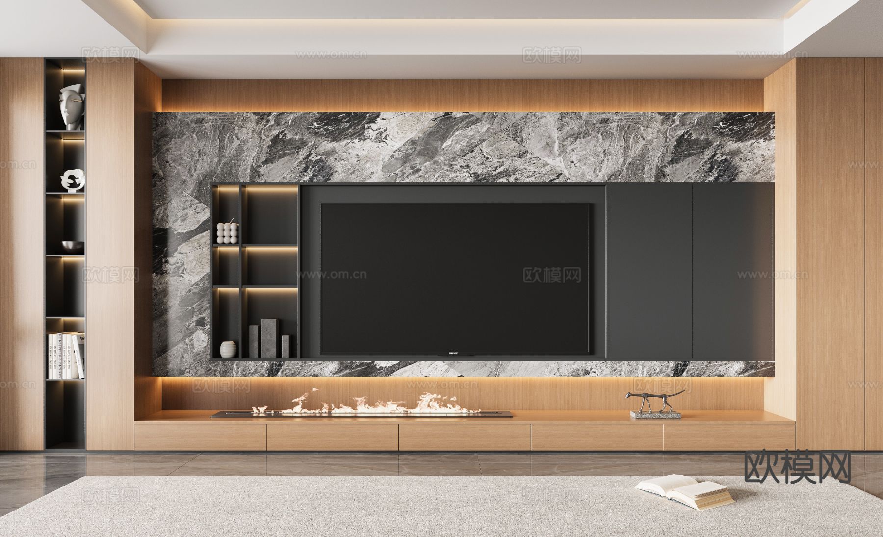 轻奢电视背景墙su模型下载（渲染图1）