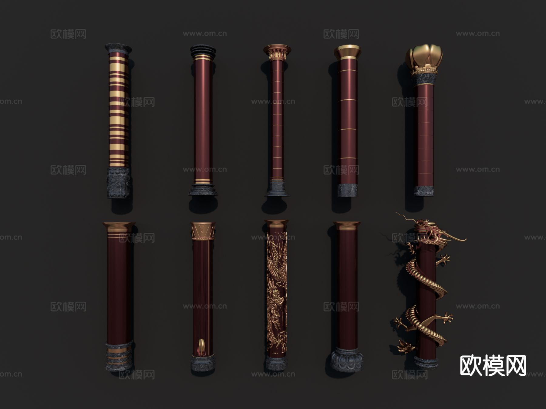 中式柱子 景观柱 盘龙柱su模型下载（渲染图2）