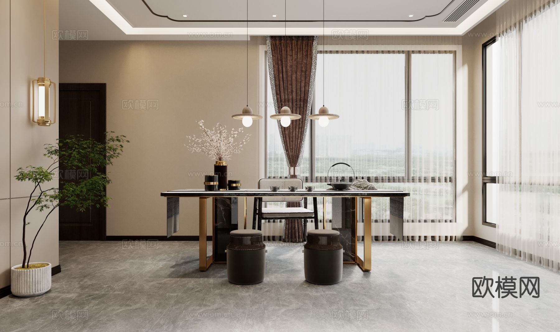 新中式茶室3d模型下载（渲染图1）