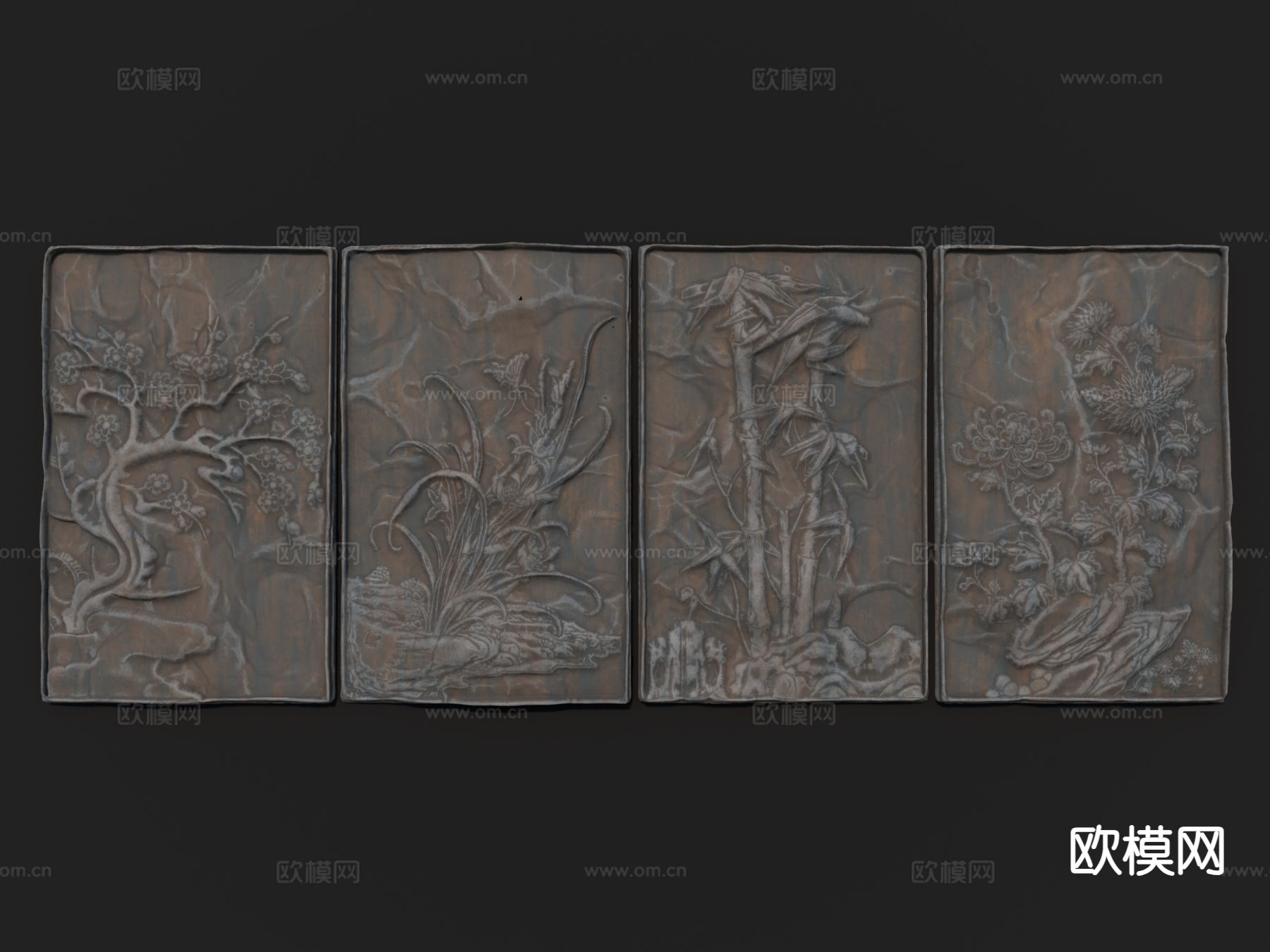 中式壁画 浮雕 梅兰竹菊壁画su模型下载（渲染图2）