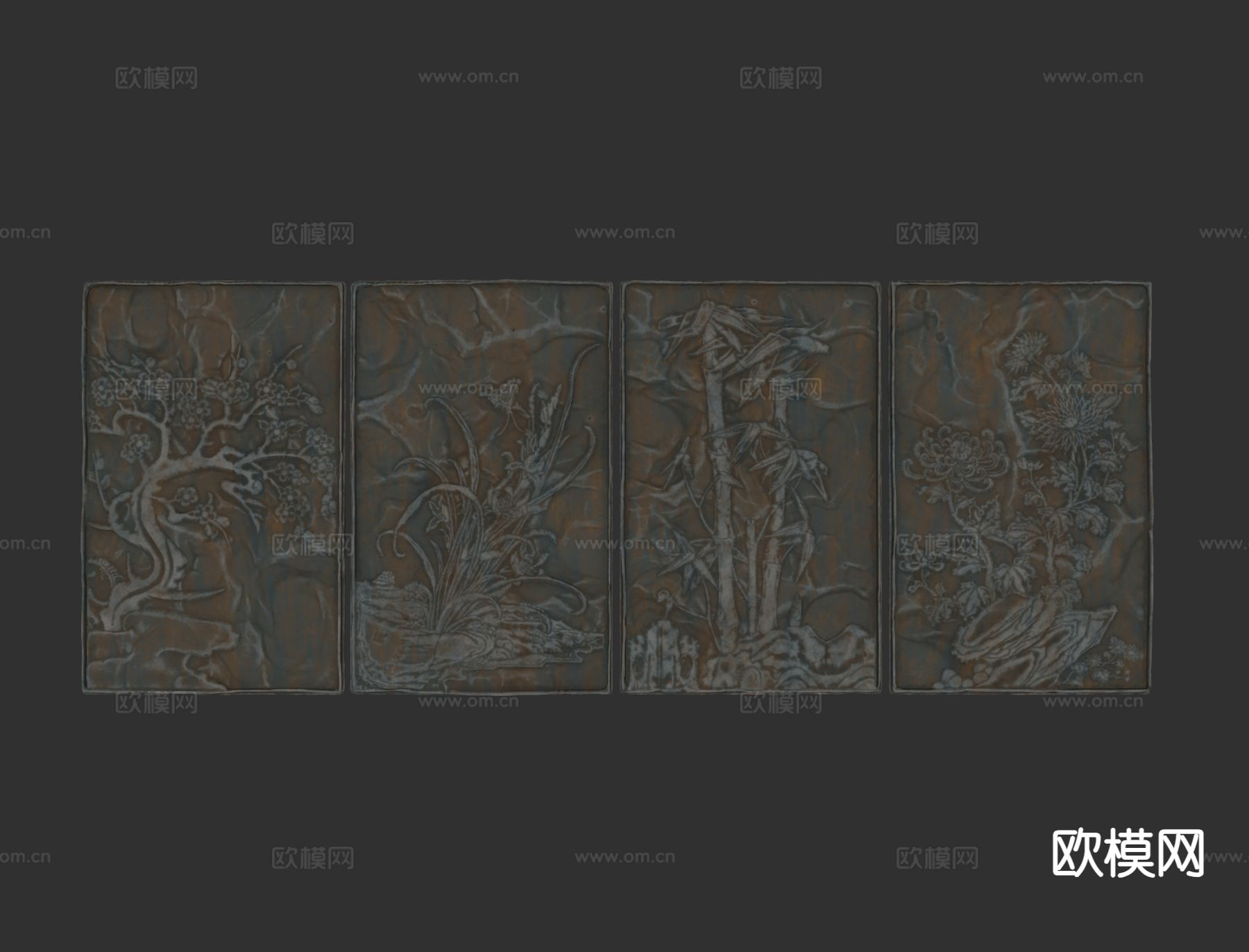 中式壁画 浮雕 梅兰竹菊壁画su模型下载（渲染图1）