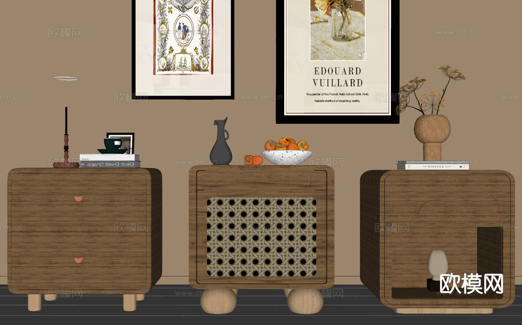 中古风床头柜su模型下载（渲染图1）