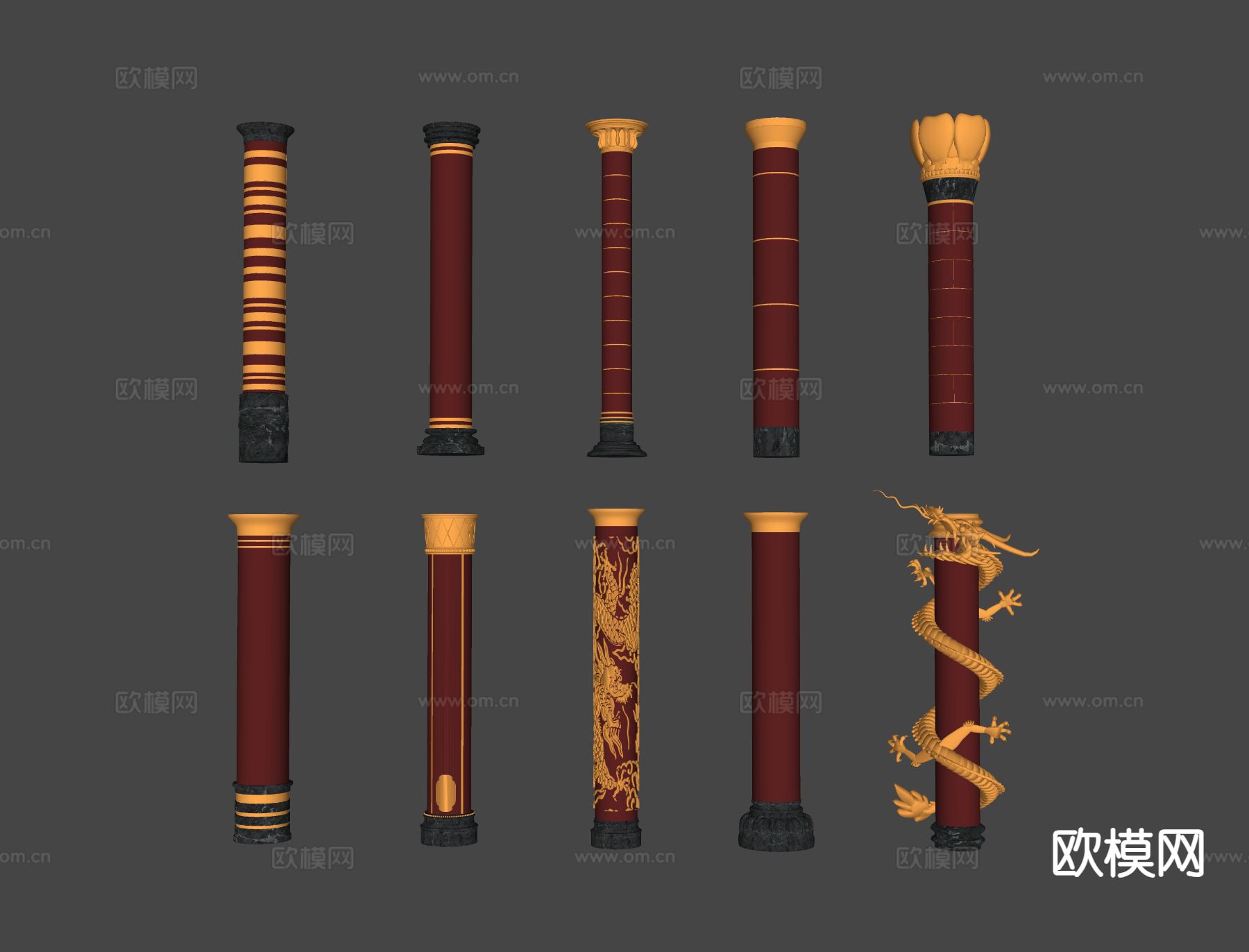 中式柱子 景观柱 盘龙柱su模型下载（渲染图1）