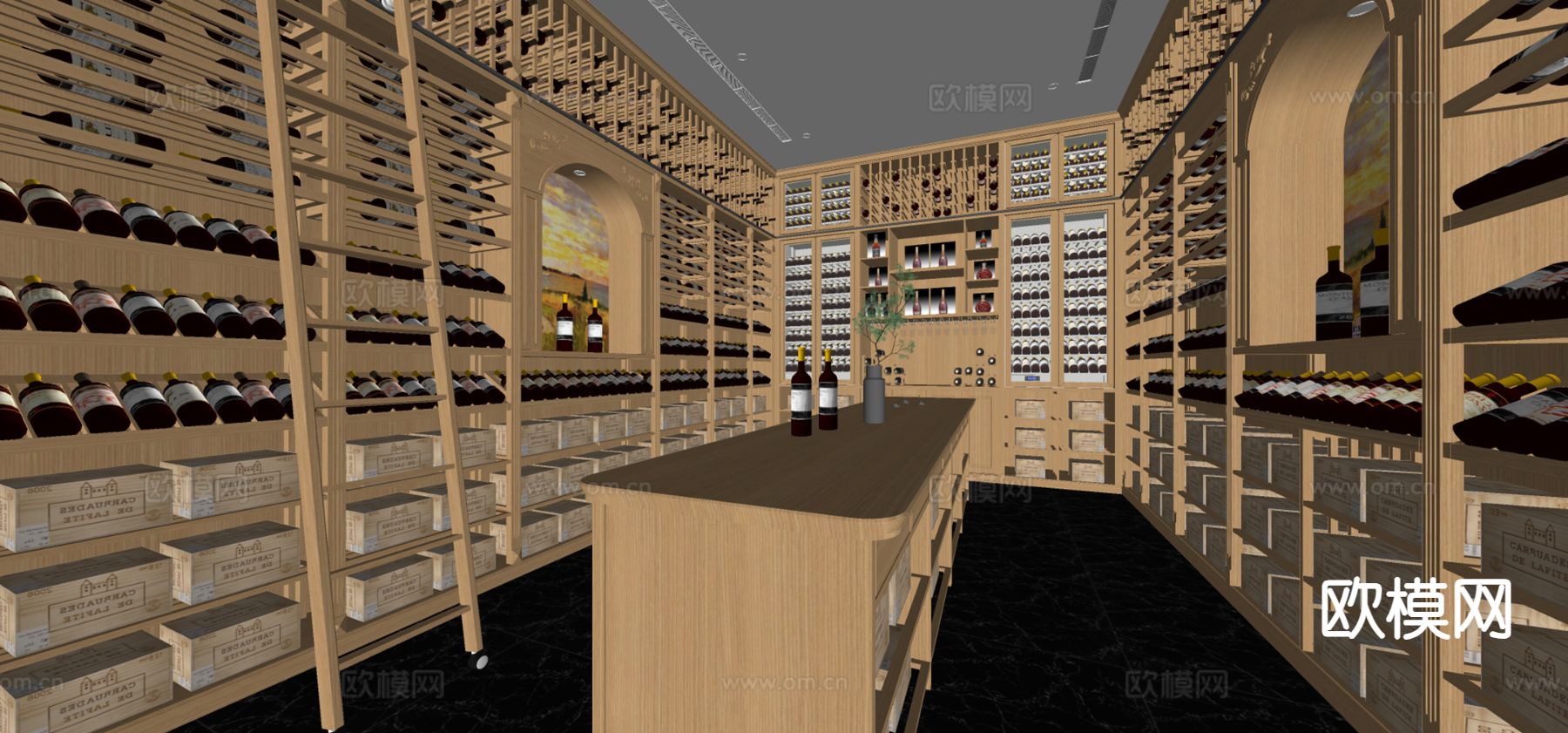 新中式冷藏室 恒温室 红酒酒窖su模型下载（渲染图1）