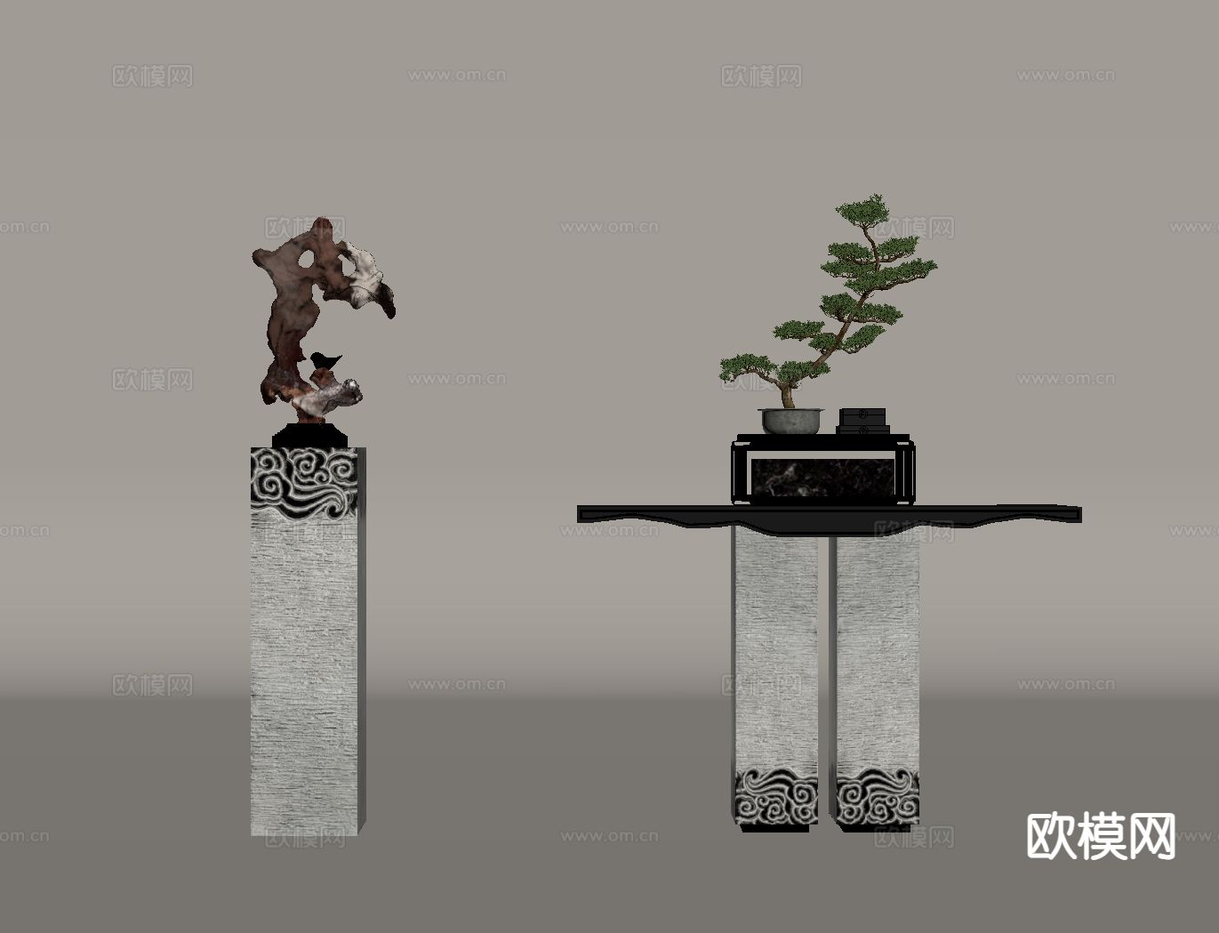 新中式雕塑摆件 条案su模型