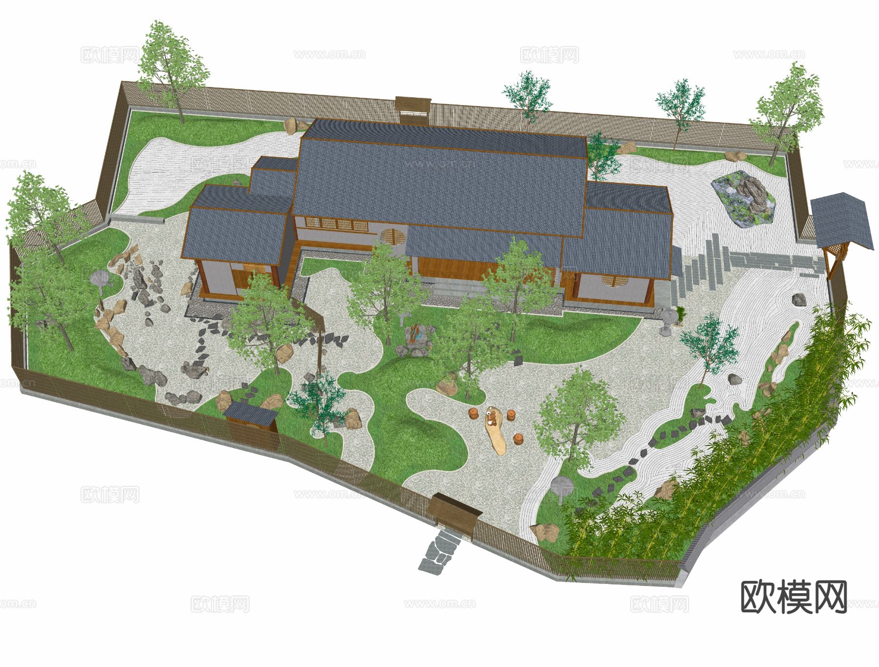 新中式鸟瞰 禅意景观 庭院su模型下载（渲染图1）