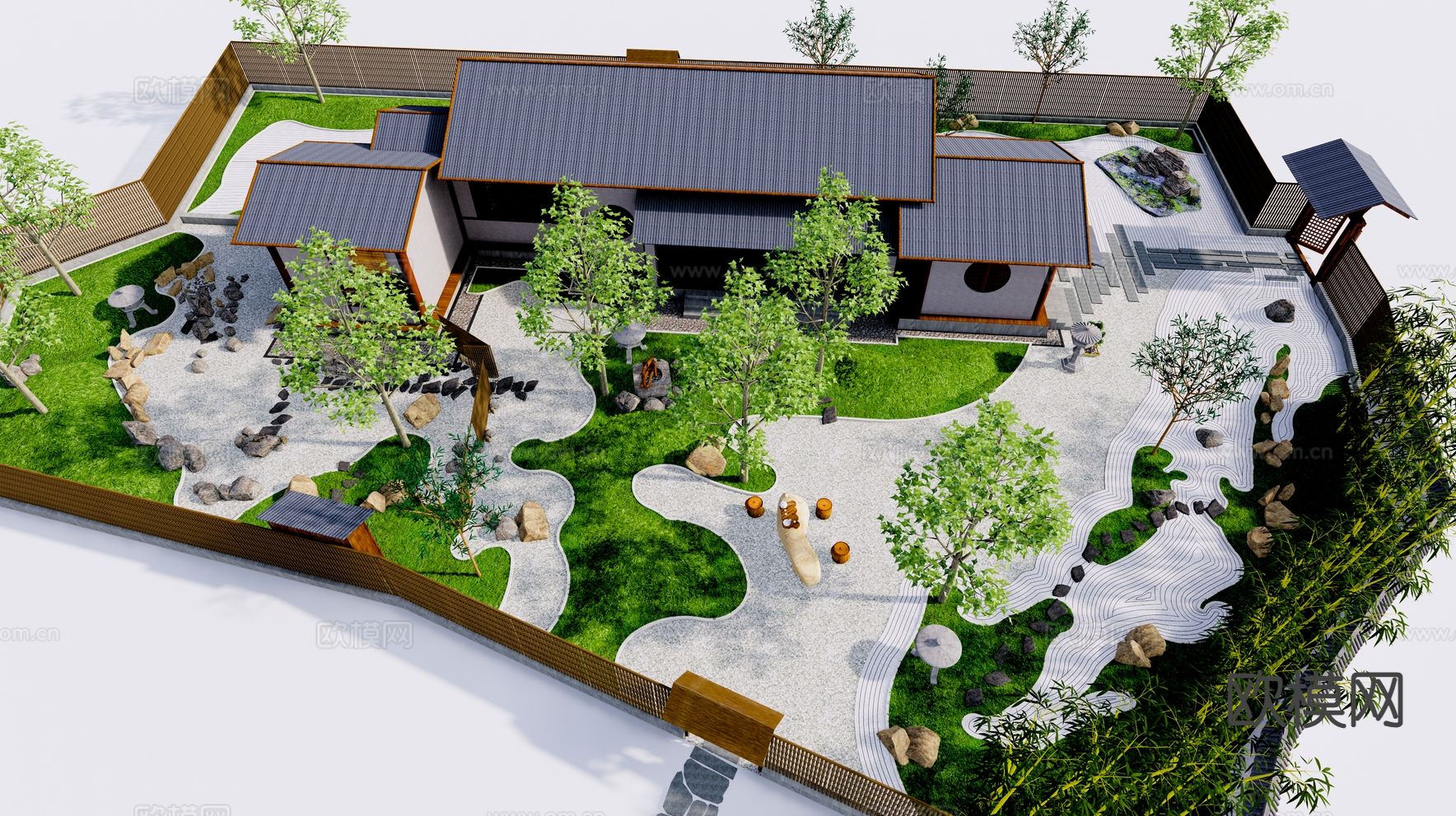 新中式鸟瞰 禅意景观 庭院su模型下载（渲染图2）