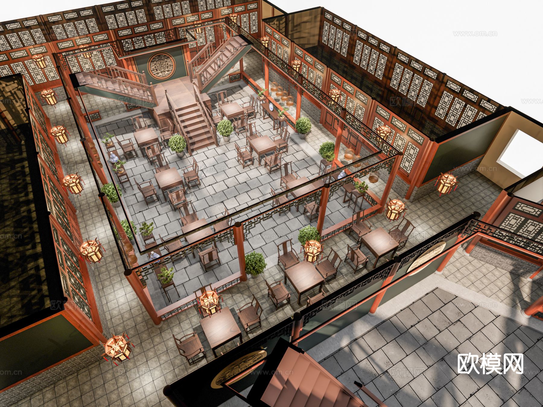 新中式茶楼 茶馆su模型下载（渲染图2）