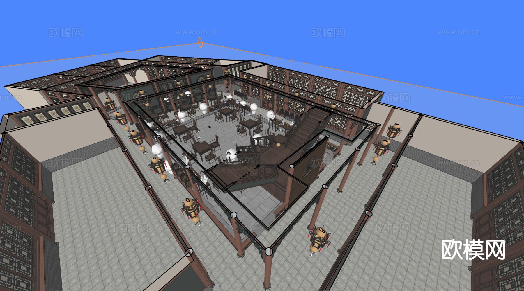 新中式茶楼 茶馆su模型下载（渲染图1）