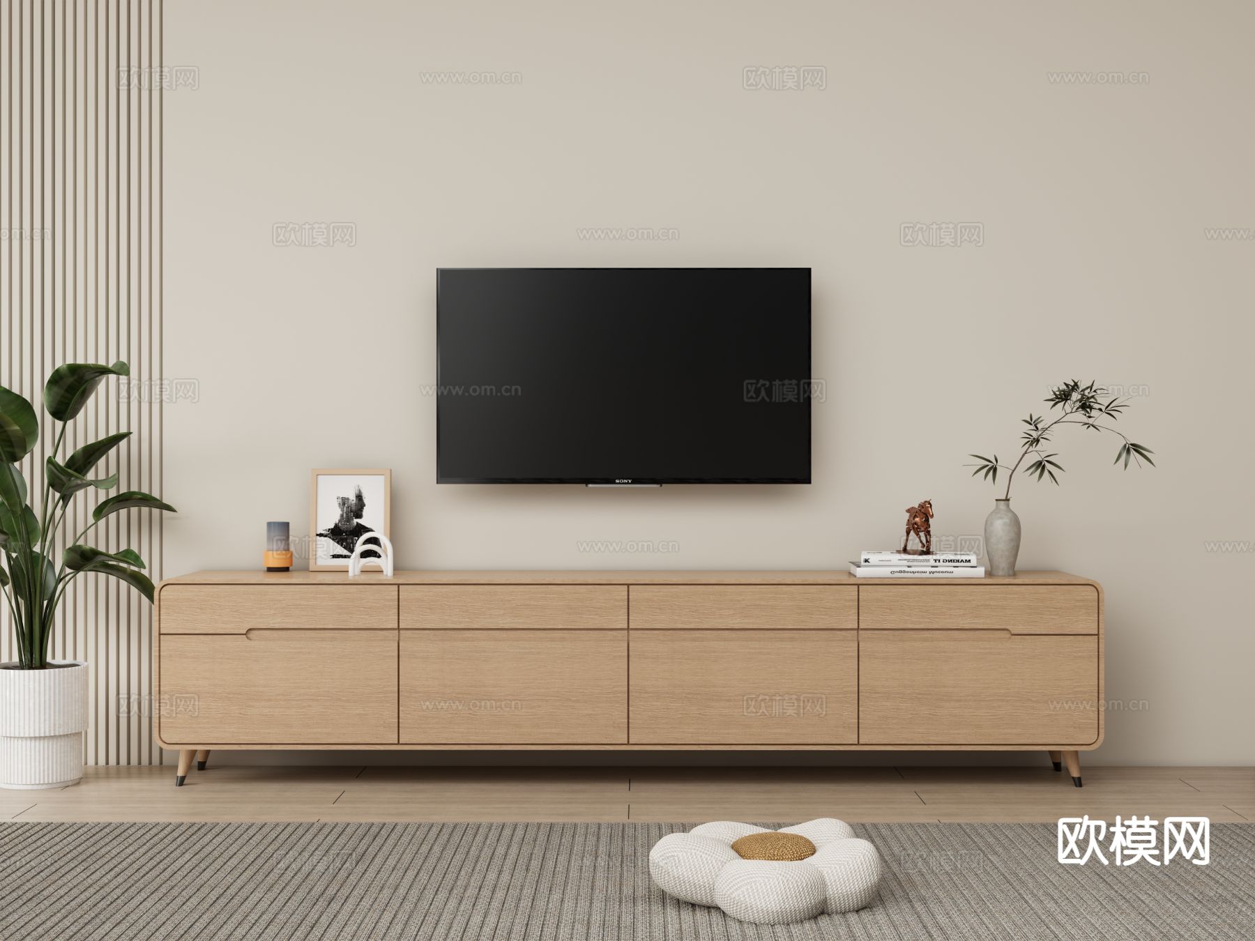 原木风地柜式电视柜su模型下载（渲染图2）