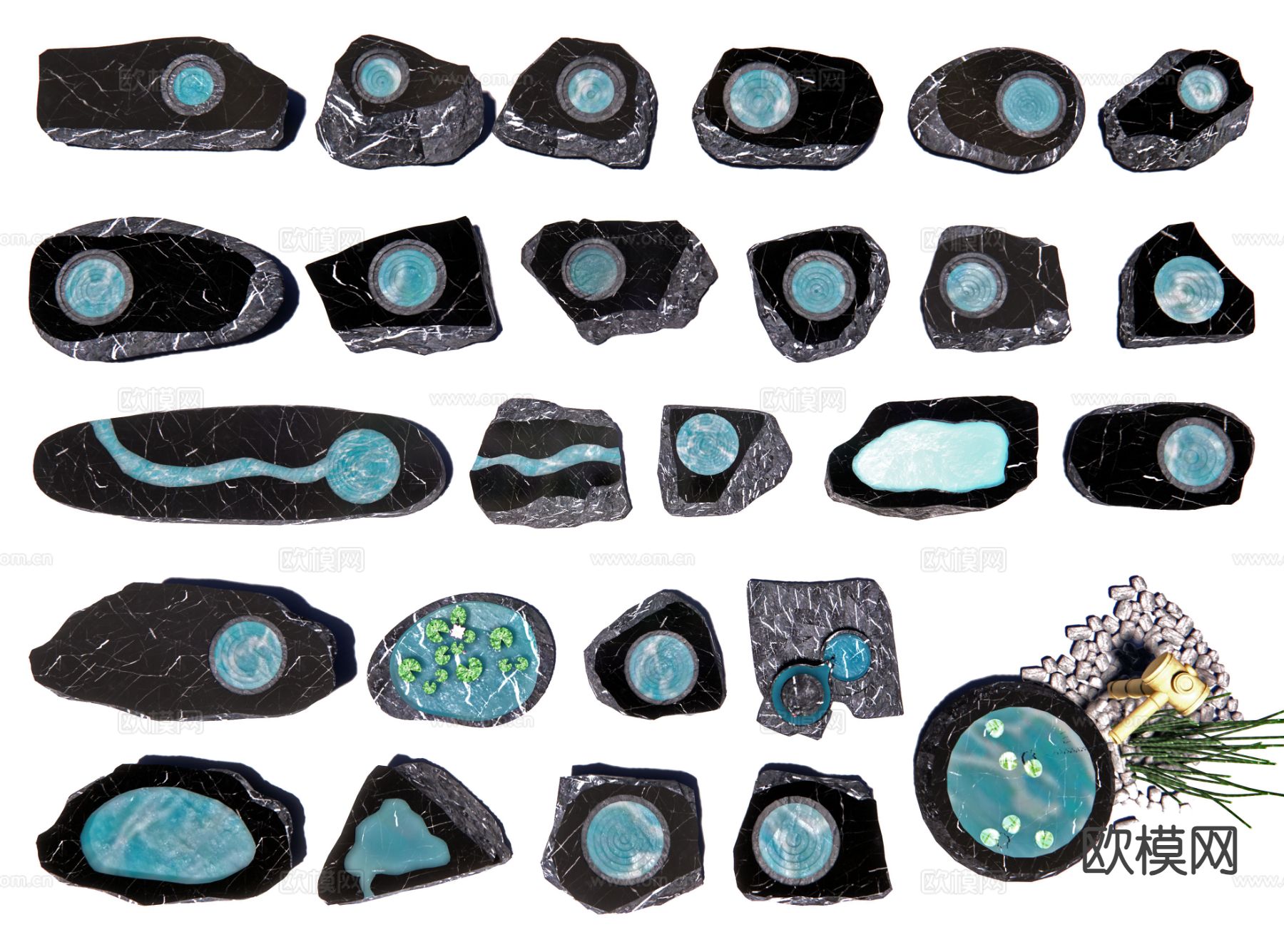 新中式 流水石钵 石头水景3d模型下载