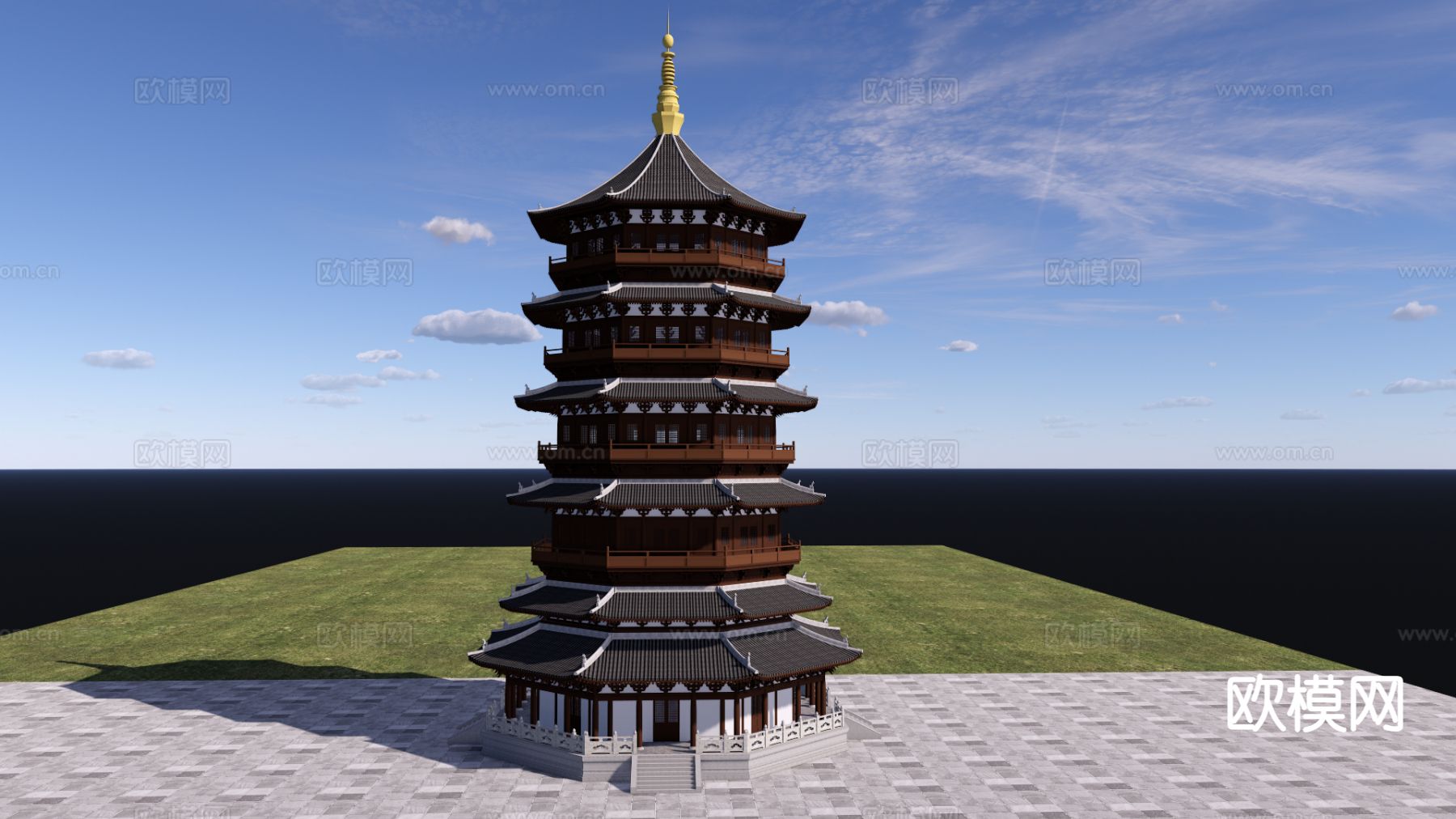 新中式古建 塔楼 宝塔su模型下载（渲染图2）