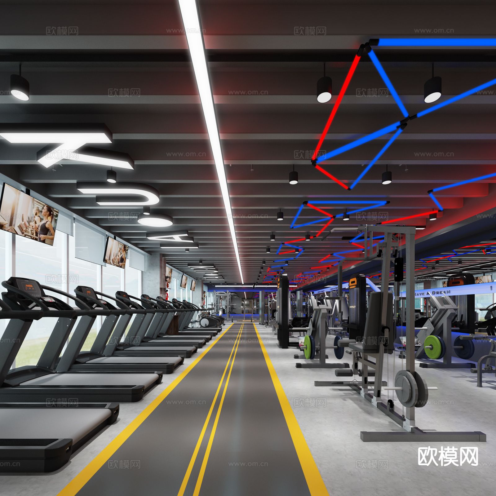 现代健身房 拳击区3d模型下载（渲染图1）