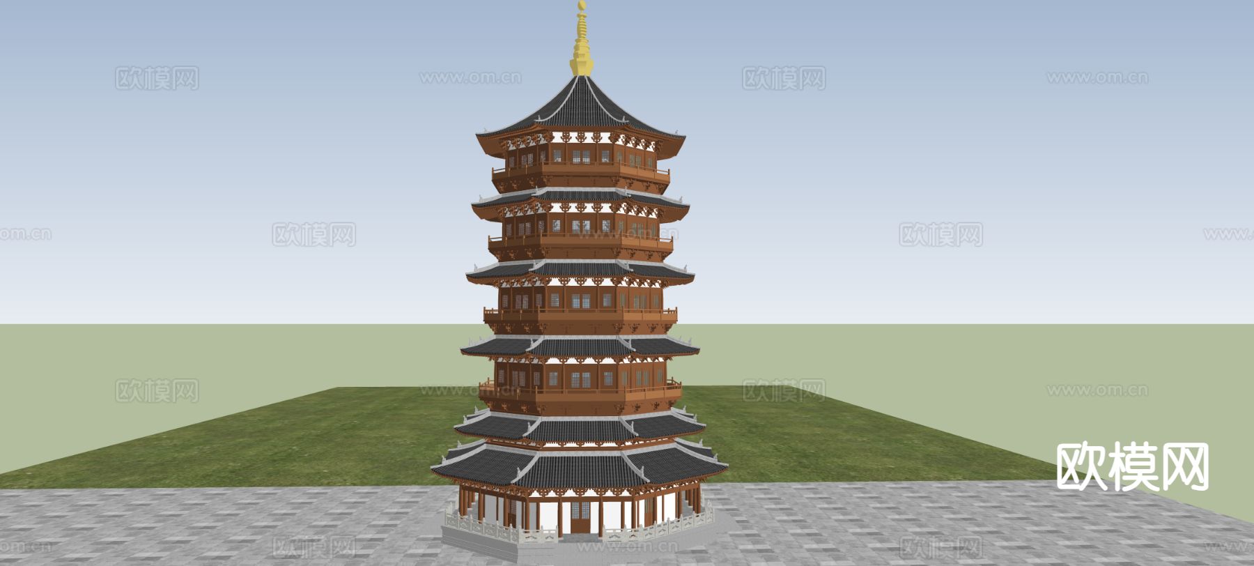 新中式古建 塔楼 宝塔su模型下载（渲染图1）