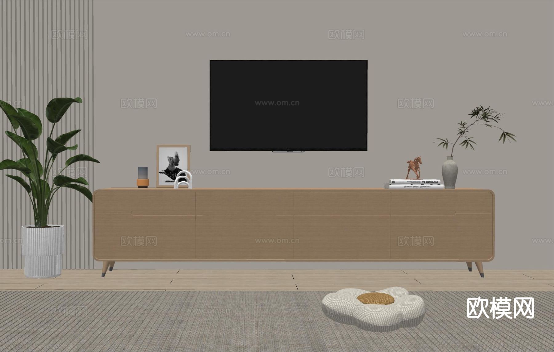 原木风地柜式电视柜su模型下载（渲染图1）