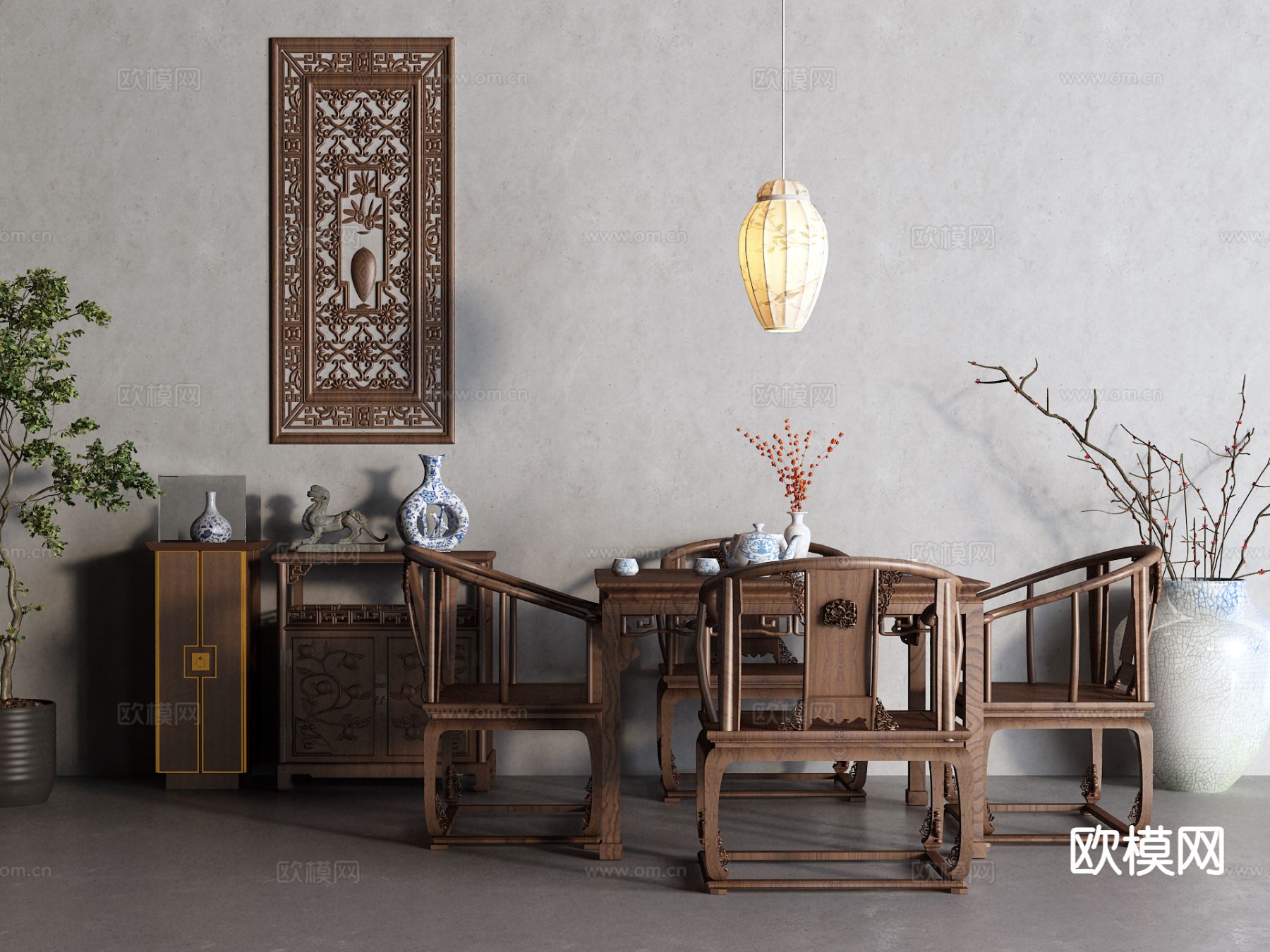 中式餐桌椅3d模型下载