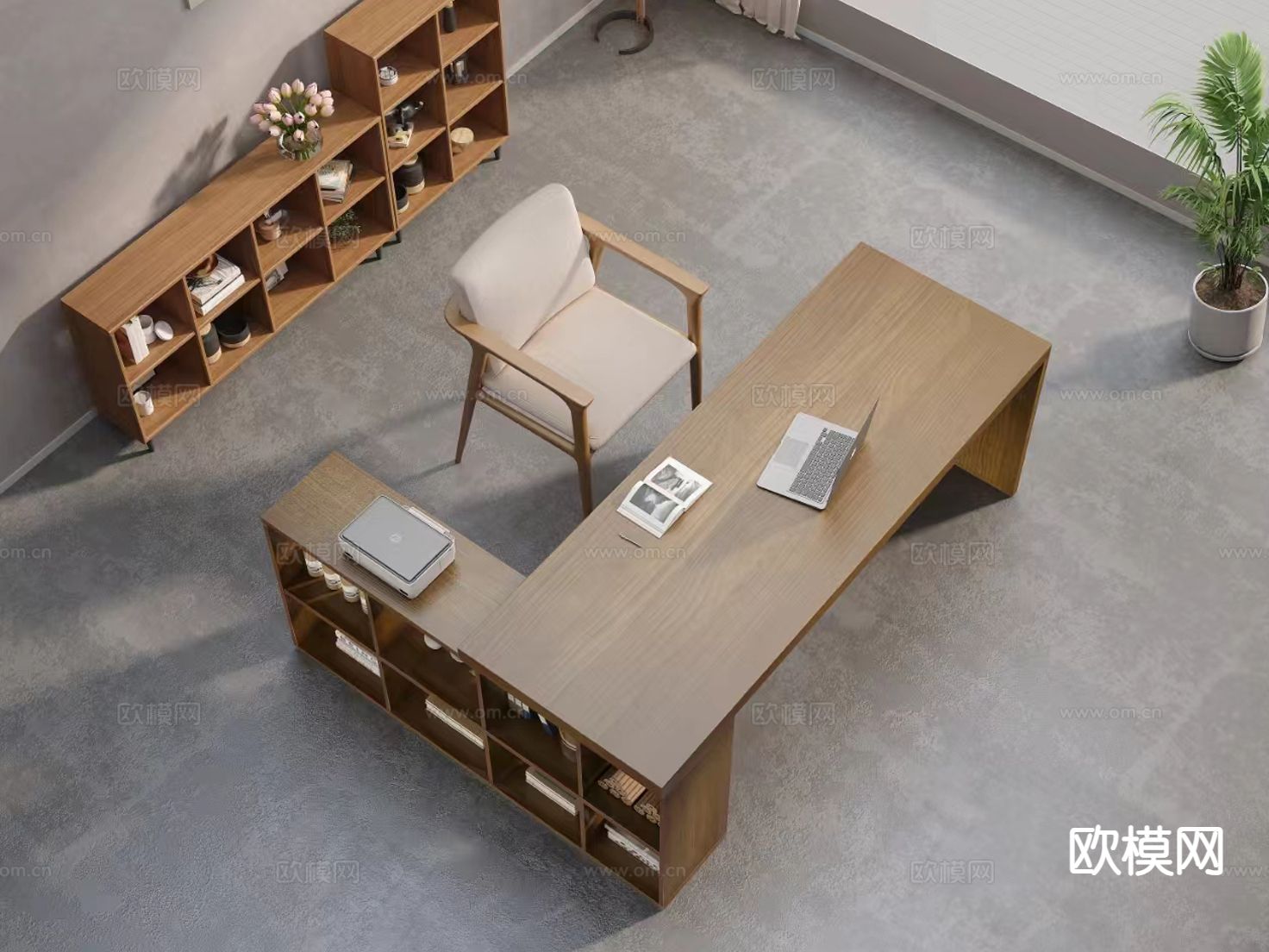 原木风办公桌椅su模型下载（渲染图2）