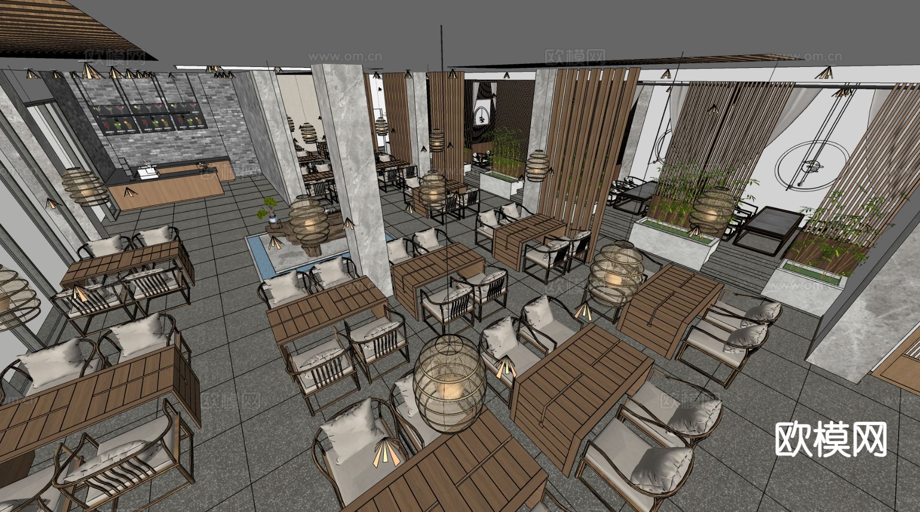 新中式茶馆 茶室su模型下载（渲染图1）