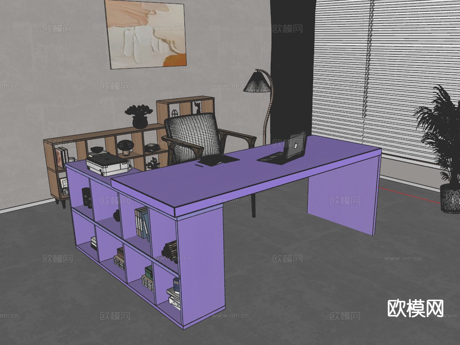 原木风办公桌椅su模型下载（渲染图1）