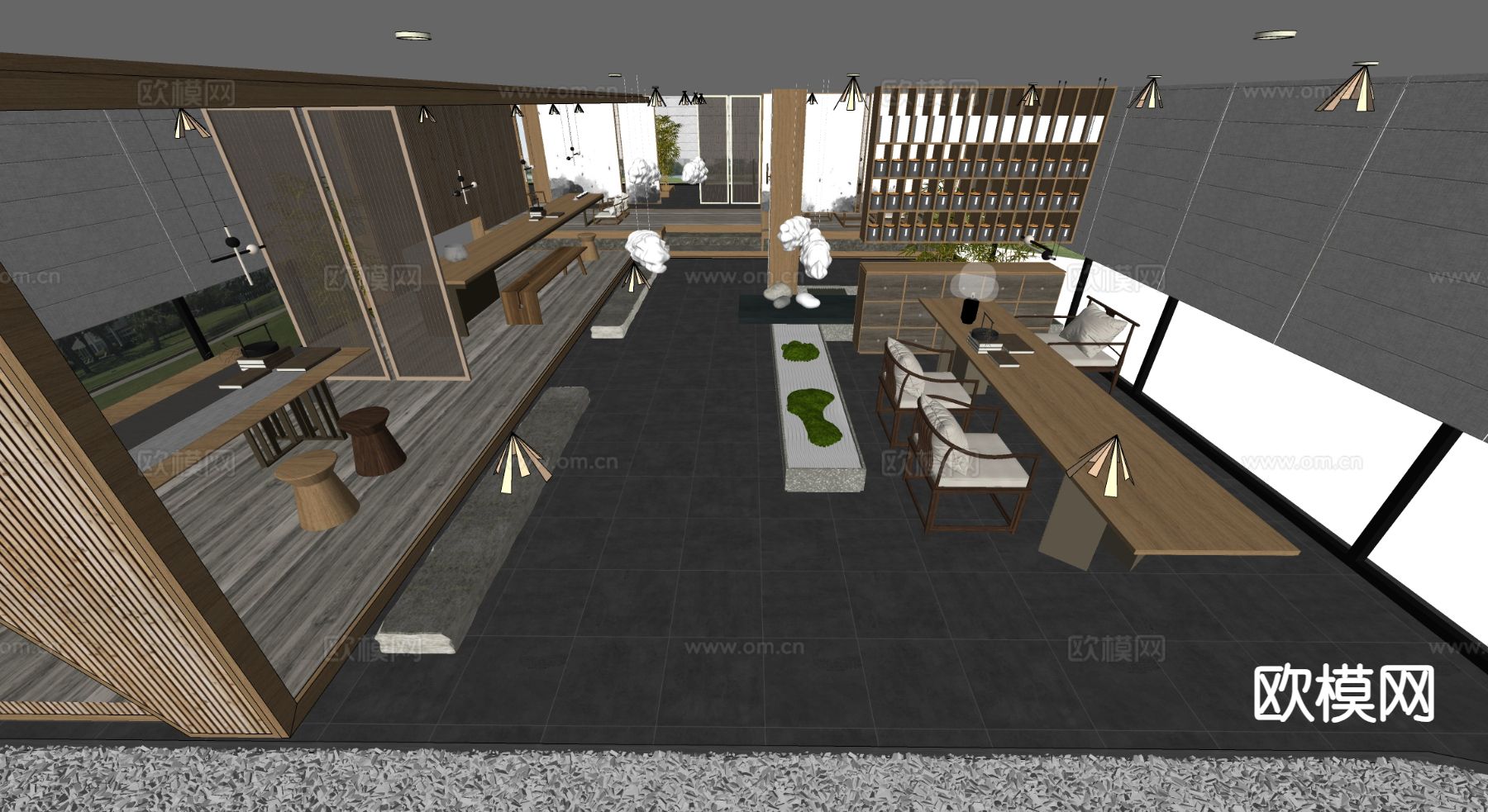 新中式茶馆 茶室su模型下载（渲染图1）