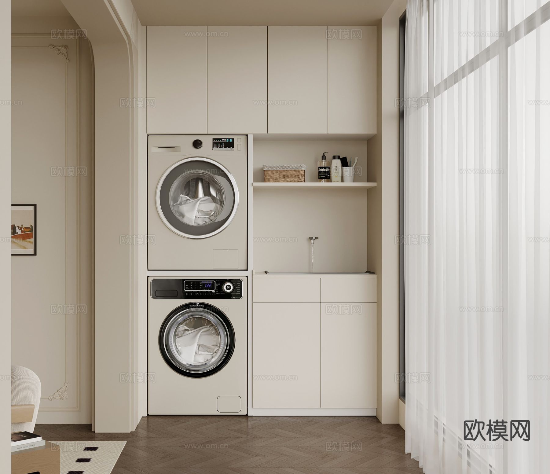 奶油风阳台柜 洗衣机柜3d模型下载