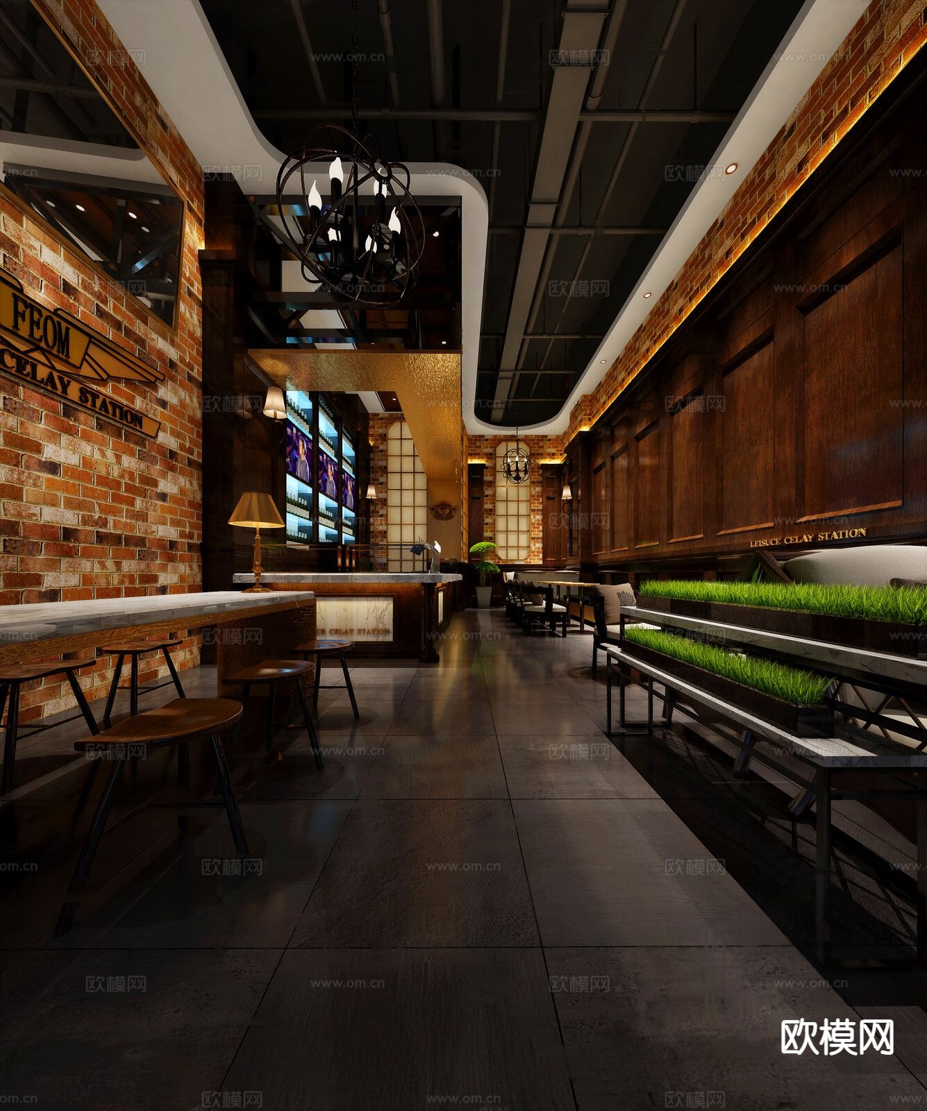 工业风网红餐厅3d模型下载（渲染图1）