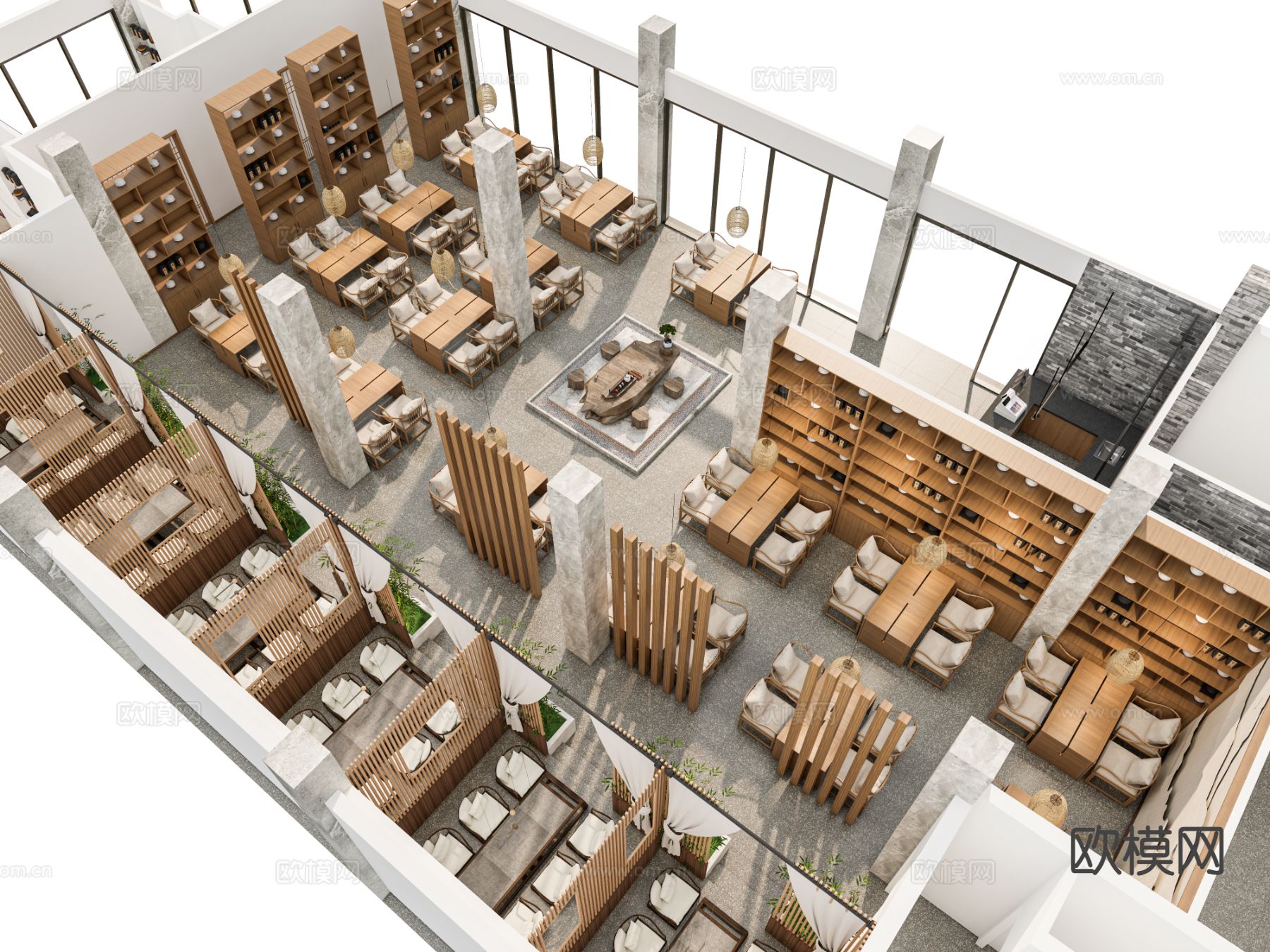 新中式茶馆 茶室su模型下载（渲染图2）